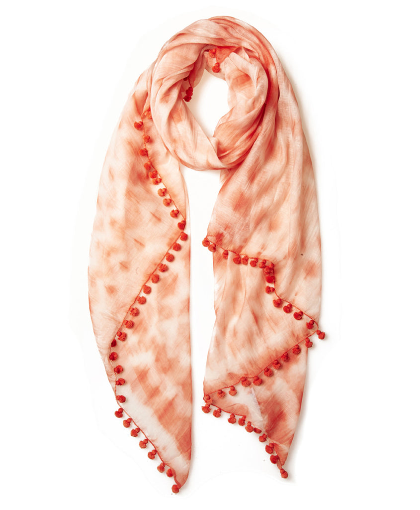 Coral Tie Dye Silk Cotton Pom Pom Scarf & Sarong