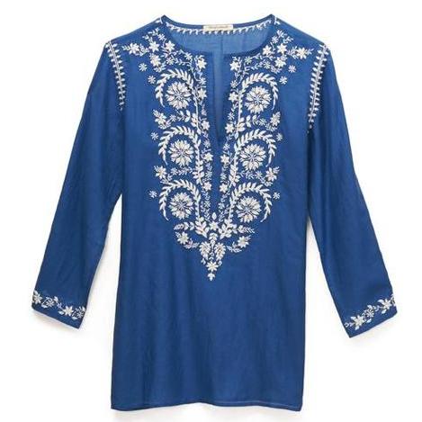 Blue & White Cotton Indian Embroidered Tunic