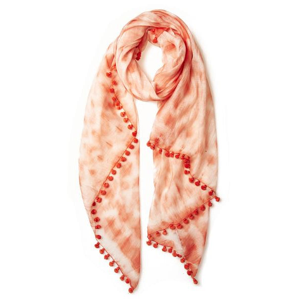 Coral Tie Dye Silk Cotton Pom Pom Scarf & Sarong
