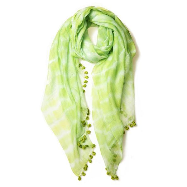 Lime Tie Dye Silk Cotton Pom Pom Scarf