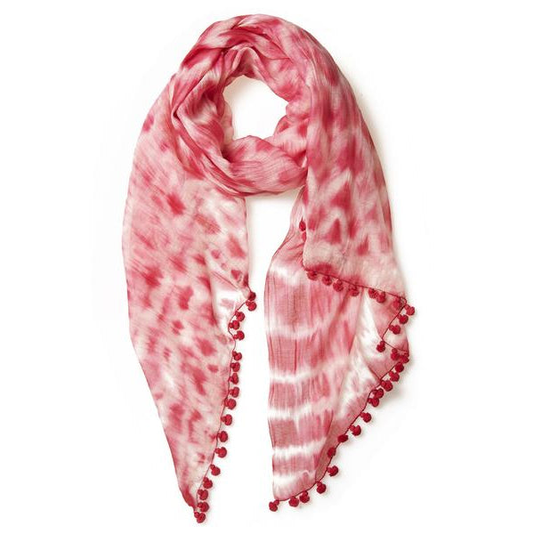 Raspberry Tie Dye Silk Cotton Pom Pom Scarf & Sarong